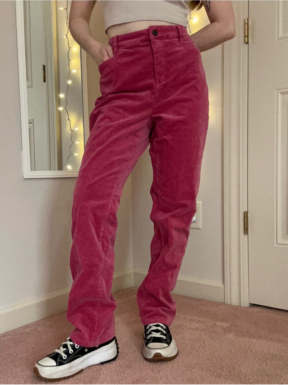 Pink High Rise Straight Leg Corduroy Pants